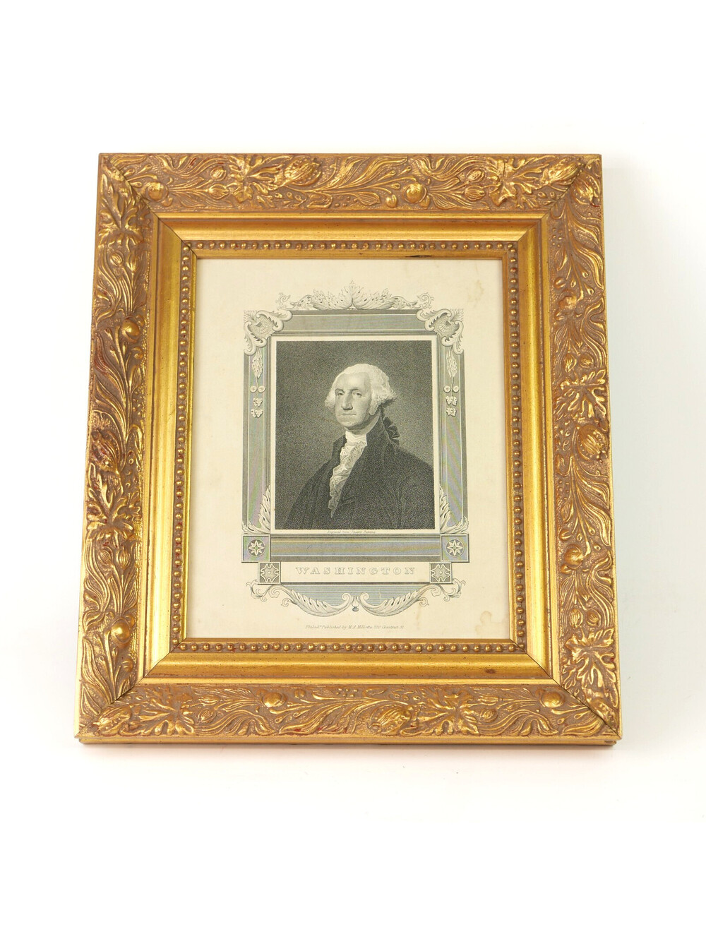 Antique Engraving Print George Washington Portrait 1861 Gold Floral Frame 14x12